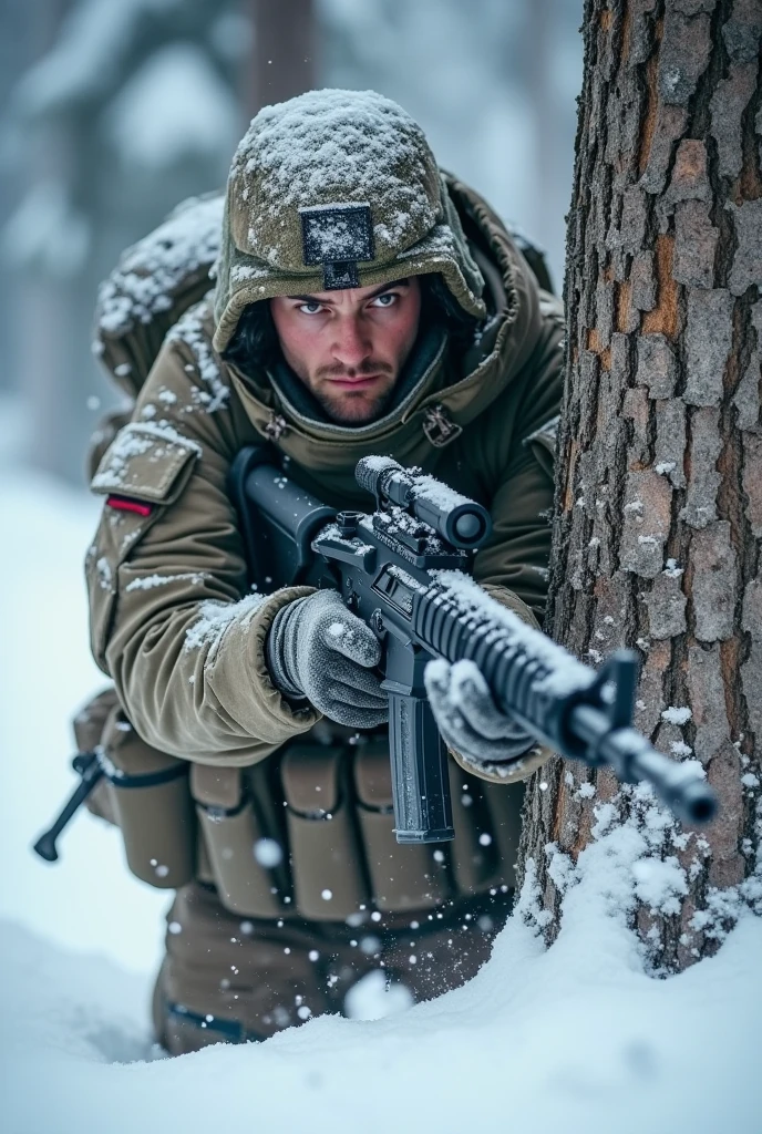 "Create a dynamic and intense image of a very beautiful soldier hiding behind a tree in a snowy location. The composition should balance the visibility of both the male soldier and the snowy environment to create a powerful depiction of the scene. The soldier, dressed in winter camouflage, is positioned alertly behind a snow-covered tree, his expression a mix of determination and focus as he takes cover.
Around her, snow splashes into the air from enemy fire, creating a sense of urgency and