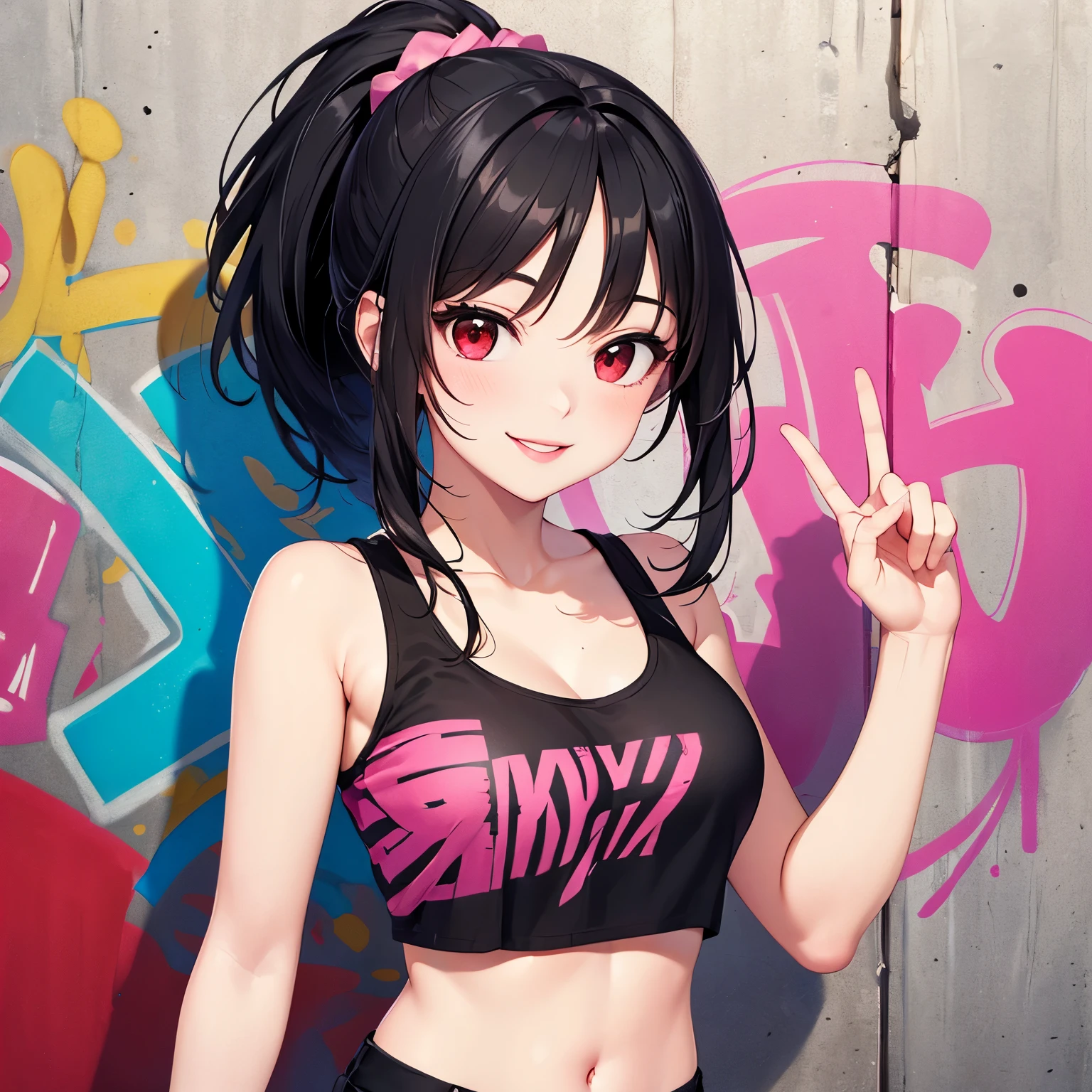 masterpiece, best quality, 1girl, red eyes, black hair, pink lips, white skin, smiling, upper body, croptop, ponytail, breasts, smile, behind a wall with graffiti,