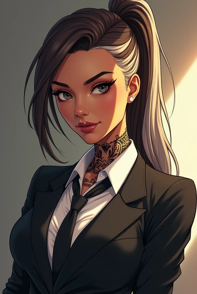 Une femme des Philippines. Peau bronzée. Coiffure queue de cheval. Couleur de cheveux dégradée du brun au blond avec les pointes blanches. Arrogante. Un tagouage sur le cou. Costard cravate. Anime. 