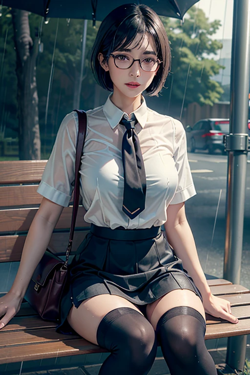 Realistic, High resolution, 1 female, Mature Woman, alone, Hip Up, Viewer Display, (Detailed face), (Short Bob)、(Glasses)、school uniform, mini skirt、Tight waist、Ample breasts、(Over the knee socks)、Sit on a bench、(Blouse wet in the rain)、(Girl in the rain)、bus stop、Rain、(Dark Sky)、(Dark Background)、