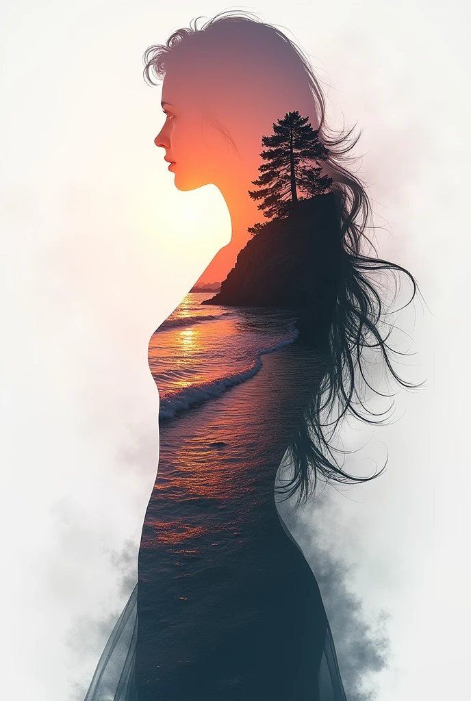 high quality, 8K Ultra HD, A beautiful double exposure that combines an goddess silhouette with sunset coast, sunset coast should serve as the underlying backdrop, with its details incorporated into the goddess , crisp lines, The background is monochrome, sharp focus, double exposure, by yukisakura, awesome full color,