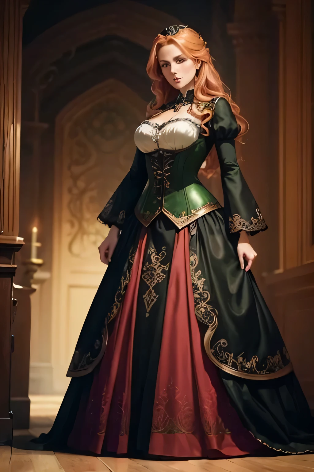 a beautiful teenage girl, extremely detailed, big breasts, intricate dress, soft smile, red lips, redhead, green eyes, realism, digital painting, concept art, smooth, sharp focus, rule of thirds, Psychosis-style, best quality, 4k, 8k, highres, masterpiece:1.2, ultra-detailed, realistic, photorealistic, photo-realistic:1.37, HDR, UHD, studio lighting, ultra-fine painting, physically-based rendering, extreme detail description, professional, vivid colors, bokeh