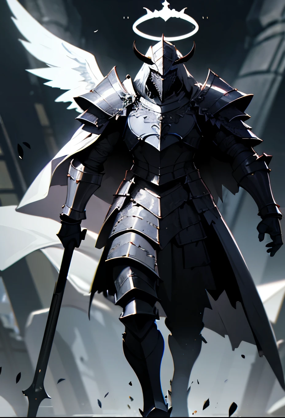Knight, Beast Knight Helmet,1 horn, big black armor, chest with holes, sharp arm armor, tall, cool., With 4 arms ,With cover ,Berserker White Cloak,Walking on 4 legs,thunder,Has a white halo,Winged Cloth ,angel