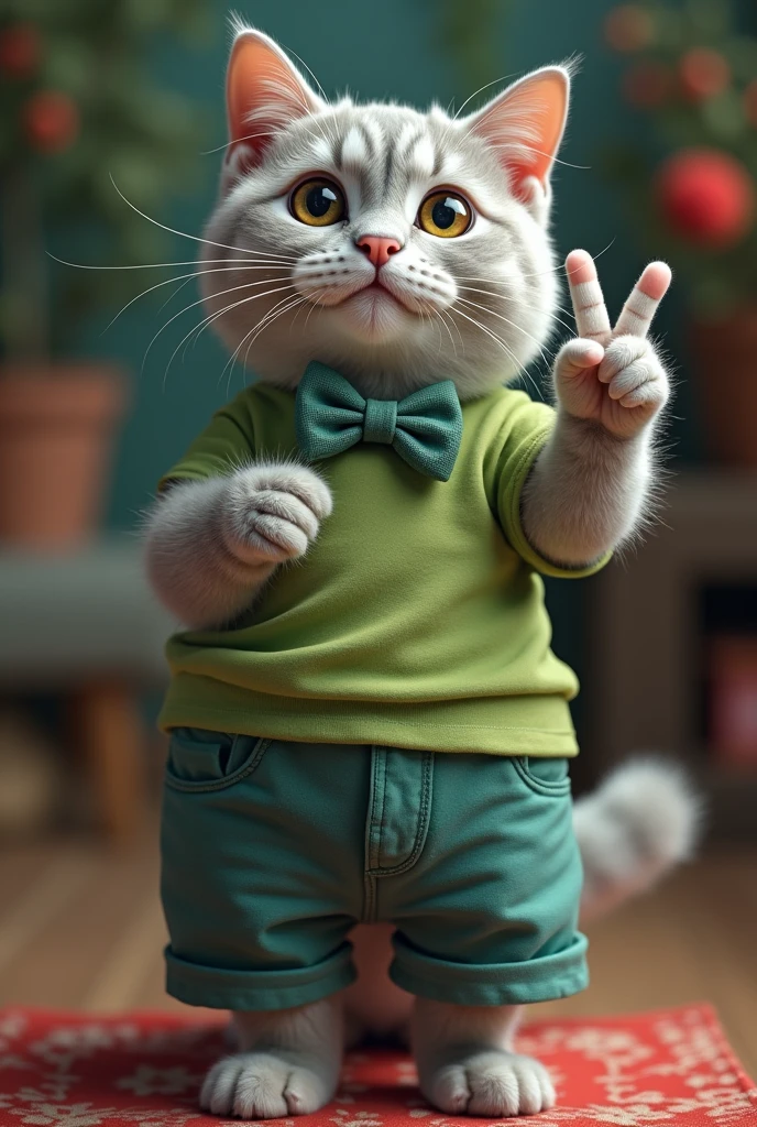 (Best quality, high quality: 1.3), the collection, Domestic cat, gray fur, the bow tie, Tail, standing, de Tailеd background, I look at the viewer, T-shirt, Shorts, girly, v sign, green t-shirt