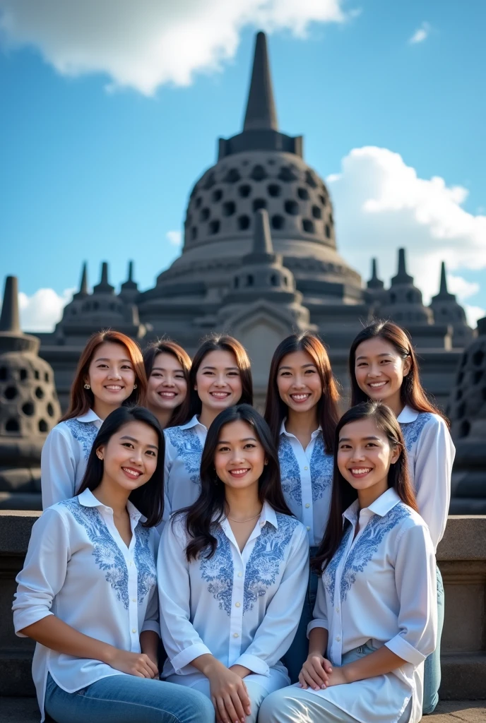 professional photography there are 8 beautiful Indonesian women, standing and sitting poses, wearing a white shirt with a matching blue pattern, with a smile, with the background of the beautiful Borobudur temple with bright blue clouds. ultrahd+, fullHD, realistic, must be detailed , SHARP OBJECT FOCUS