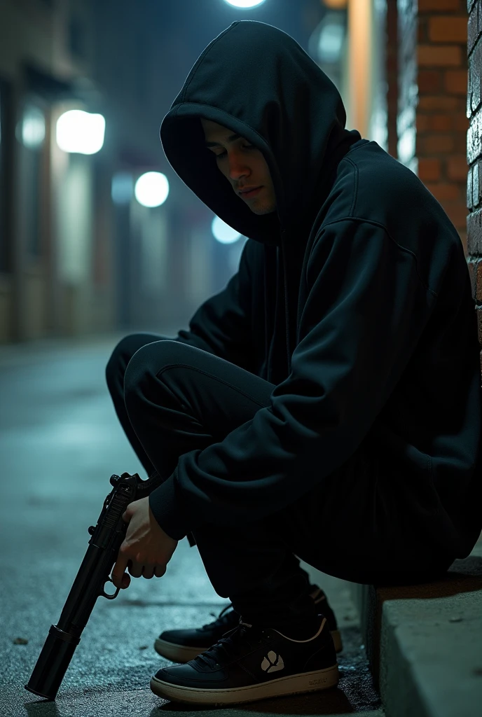20 years old, HAVE A BLACK SWEET ON HIM, HAVE A BLACK TRACKSUIT, HAVE A HOOD ON HIS HEAD, HAVE SITTING ON THE SIDEWALK, HAVE A REAL GUN IN HIS HAND, HAVE THE GUN RIGHT, AND LET IT BE NIGHT