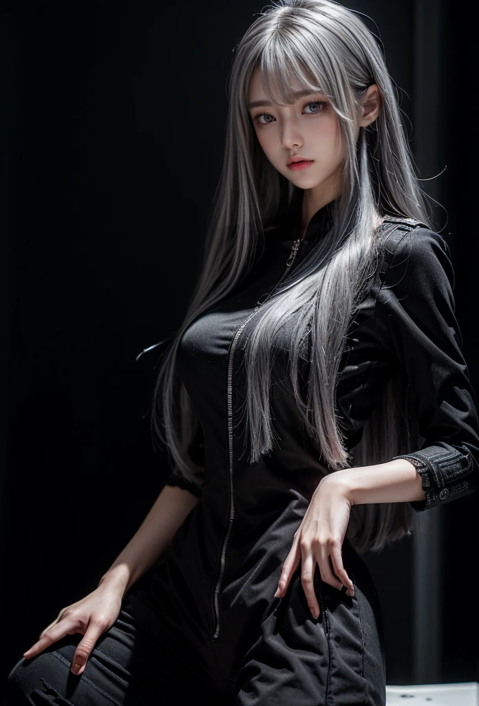 standing,Military Uniforms,pants,black military uniform,whole body,Height: 168cm,almond shape eyes,{{{{{silver eyes}}}}},{{{{{dull bangs}}}}},(slanted eyes},{{whole body},{{{1 girl}}}, long hair, straight hair,{{{{silver hair}}}},{{{tsurime}}},30 years old,{Medium chest},{{bush}},silver eyes,{{{masterpiece}}}, {{{highest quality}}}, {{Super detailed}}, {shape}, {{very delicate and beautiful}},very detailed,detailed perfect,detailed hyper,Abundant thighs,big ass,black clothes