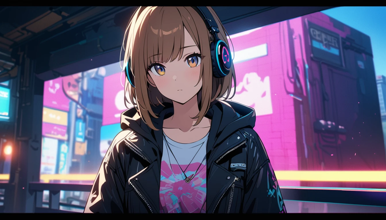 8k,High resolution,photograph,practical,(masterpiece,Highest quality:1.2),Animation Style,alone,Beautiful woman,Upper Body,thin brown hair,Hair loss,Delicate hazel eyes,Perfect female body,(He wears a leather jacket and a rock T-shirt.:1.0) Hooded,eye shadow,sf,cyber punk,Industrialized Building,Depth of written boundary,Background Light ?????、Headphones、(blue eyes)