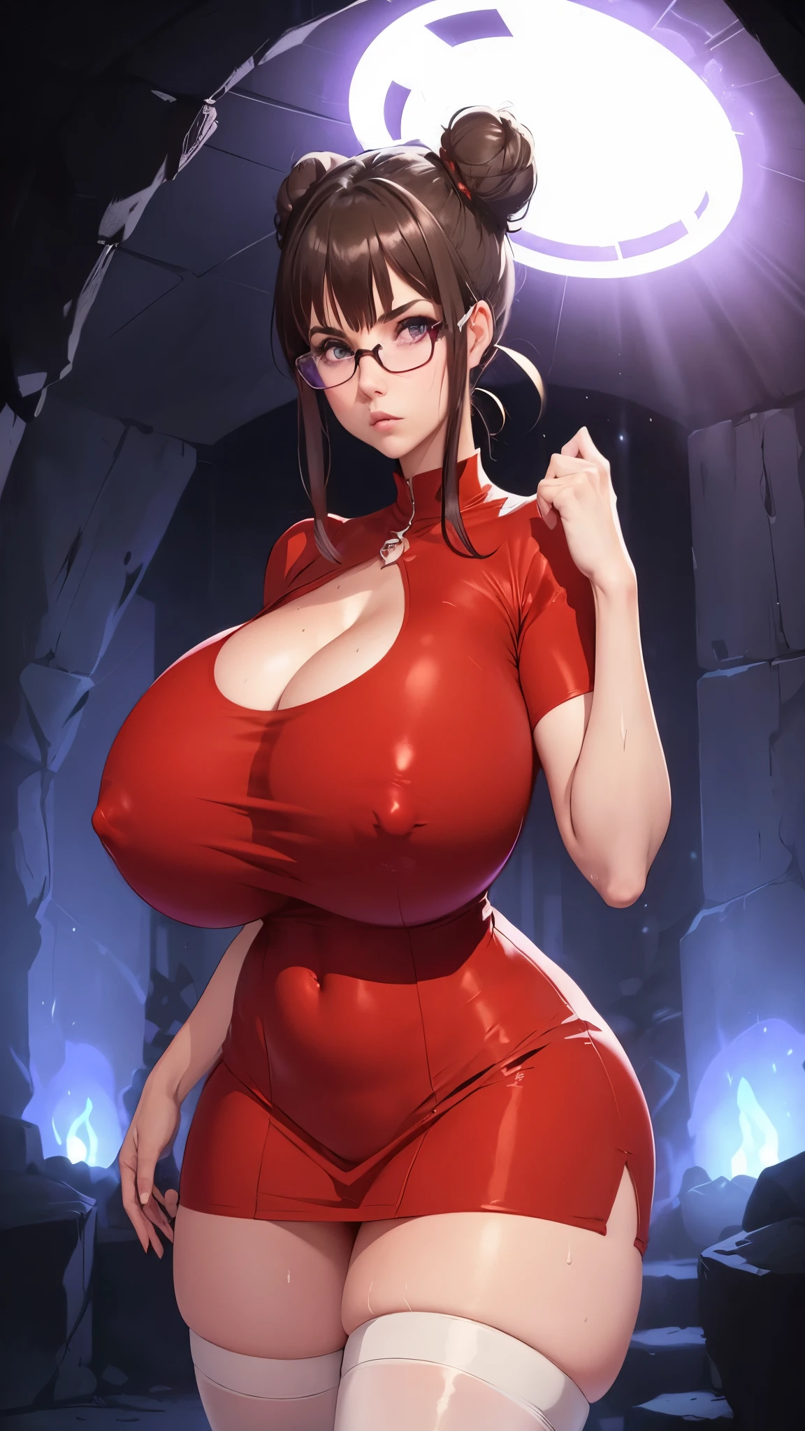 (young curvy brunette woman in darkness catacombs), ((bright red strapless shirt mini dress, see through)), black glasses, ((natural huge boobs, big thick hips)), ((huge puffy nipple)), ((hair tied into bun)) , serious face, slightly upset, cute nose, cute face, high quality, UHD, Masterpiece, white stockings, no panties, light and dark, light and shadow, strong stance, (purple blue light), magic sphere, ((horror sweaty glow style)), ultra details, face detailing, see through, ((gigantic huge boobs))