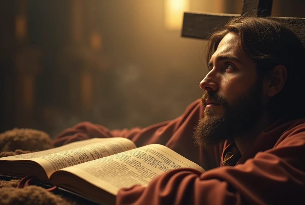 bible or a cross in the center of the image. face of jesus on the right corner, realistic inspiring image, hd, 8k, cinematic.