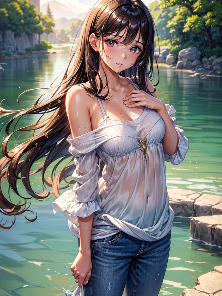 (masterpiece:1.4), (ultra detailed:1.4), (extremely detailed CG:1.4), (Shiny glossy wet hair:1.4), (super fine illustration:1.4), full lip gloss, Create a detailed image of a gentle 1 girl with a calm and serene expression. She has a very short bob haircut with light brown hair that neatly frames her face, just above her chin. Her eyes are large and expressive, radiating warmth and kindness. The girl has a petite figure with a smaller chest, and she is dressed in a simple, casual outfit, like a loose sweater or a flowy top. The background should be soft and neutral, allowing her gentle personality to be the focus of the image