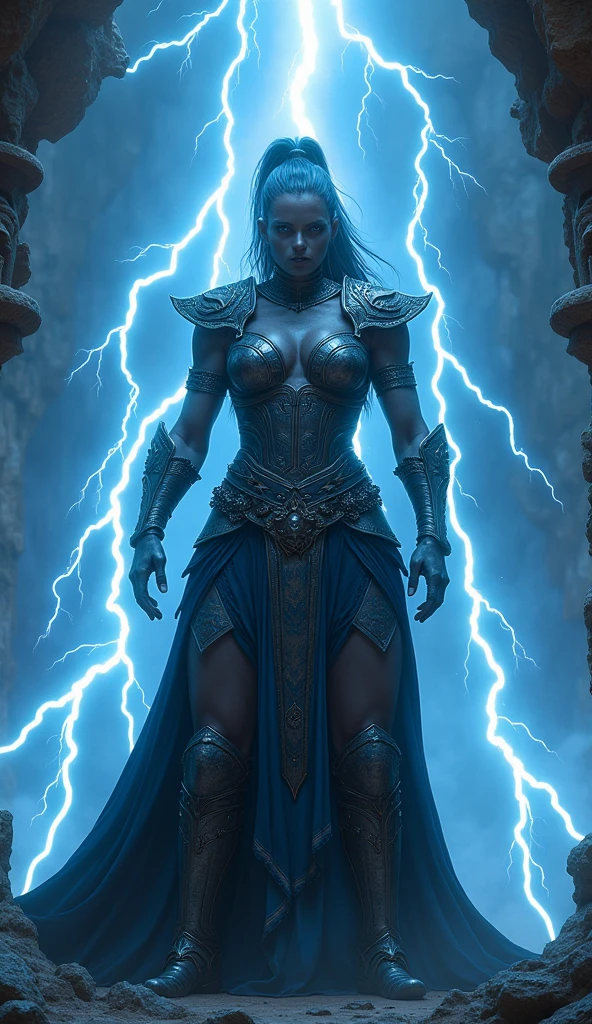 Aletta Ocean, angry evil beautiful and muscular, Nordic female, towering storm Giantess with blue black hair in a ponytail, older and mature woman, throwing a lightning ball, celtic glowing tattoos, wearing nordic steel runic plate mail Armour , temple cave background with lightning storm, glowing blue eyes, square jaw, powerful and imposing, winter clothing, pale blue purple skin, ((full plate celtic dragon armour)), nordic tattoos, fit bodybuilder, facing the camera , ultra detailed, looking outraged