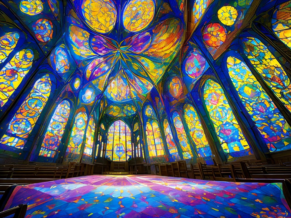 An interior view of a church with a dark , black base. The church has several windows , each filled with delicate and intricate kaleidoscope designs featuring vibrant yellow bases . The patterns emphasize bright colors and strong symmetry , showcasing overlapping geometric shapes and flower-like forms in vivid detail . The windows glow brightly , casting colorful reflections that illuminate the dark interior , creating a stark contrast against the black surroundings. The entire scene is bathed in a mystical and fantastical atmosphere, with the kaleidoscope windows appearing to shimmer and shine , adding a sense of depth and radiance to the church .