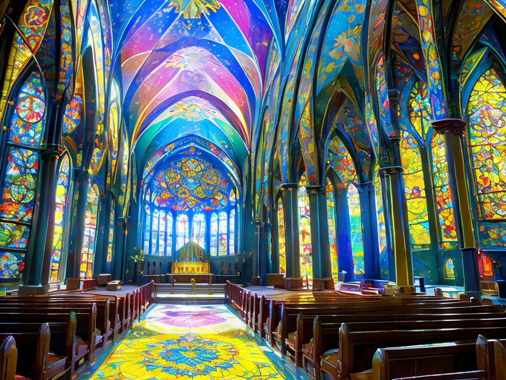 An interior view of a church with a dark , black base. The church has several windows , each filled with delicate and intricate kaleidoscope designs featuring vibrant yellow bases . The patterns emphasize bright colors and strong symmetry , showcasing overlapping geometric shapes and flower-like forms in vivid detail . The windows glow brightly , casting colorful reflections that illuminate the dark interior , creating a stark contrast against the black surroundings. The entire scene is bathed in a mystical and fantastical atmosphere, with the kaleidoscope windows appearing to shimmer and shine , adding a sense of depth and radiance to the church .