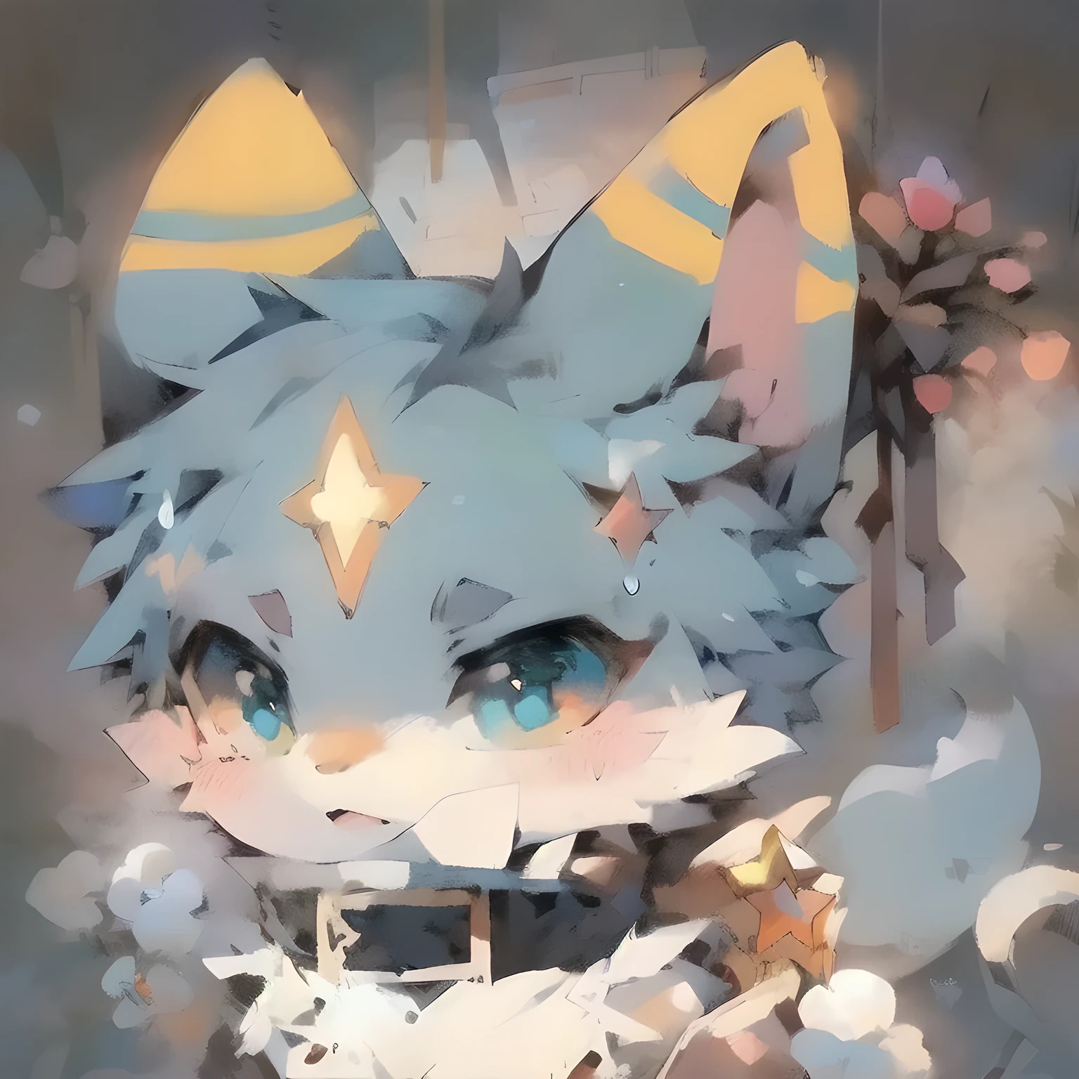 Little Fox,Blue Hair,pupil,pattern,There is a four-pointed star symbol on the forehead,Lovely