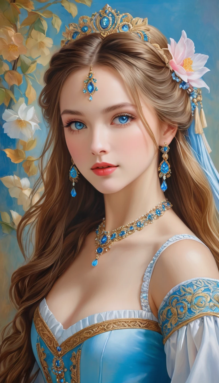 (High resolution,masterpiece:1.2),(Realistic:1.37)"(Highest quality, High resolution, Very detailed, Realistic),Portrait of a beautiful Ukrainian ballet dancer from the 16th century, (She is half Ukrainian and half Japanese., She is a beautiful woman with pale blue eyes and a high nose.:1.1), Exquisite ballet costumes, Detailed facial features, Long and graceful neck, Flowing locks of hair, Calm and elegant posture, Soft and delicate lighting, Classical Oil Painting Medium, Vibrant colors, Delicate background with floral motifs", Dreamy atmosphere, Surrealism,Mysterious Aura