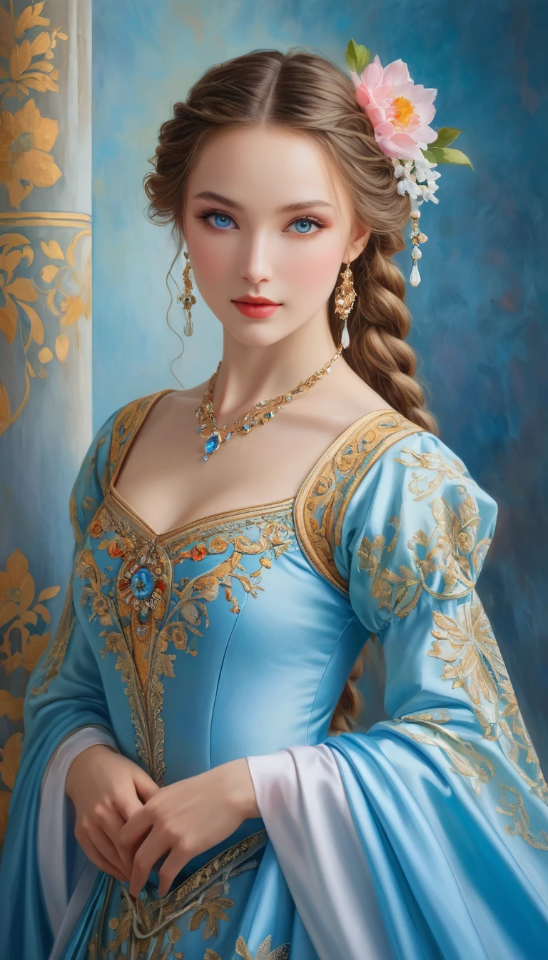 (High resolution,masterpiece:1.2),(Realistic:1.37)"(Highest quality, High resolution, Very detailed, Realistic),Portrait of a beautiful Ukrainian ballet dancer from the 16th century, (She is half Ukrainian and half Japanese., She is a beautiful woman with pale blue eyes and a high nose.:1.1), Exquisite ballet costumes, Detailed facial features, Long and graceful neck, Flowing locks of hair, Calm and elegant posture, Soft and delicate lighting, Classical Oil Painting Medium, Vibrant colors, Delicate background with floral motifs", Dreamy atmosphere, Surrealism,Mysterious Aura