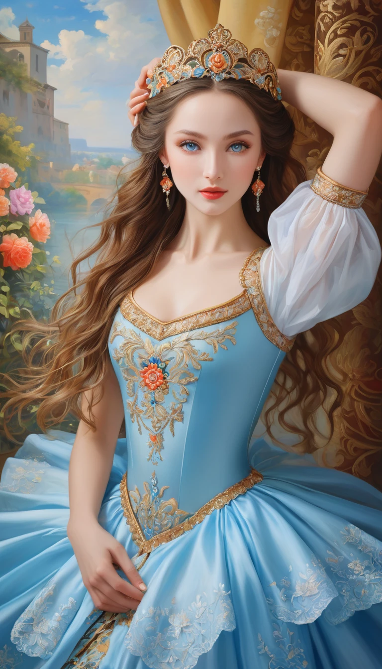 (High resolution,masterpiece:1.2),(Realistic:1.37)"(Highest quality, High resolution, Very detailed, Realistic),Portrait of a beautiful Ukrainian ballet dancer from the 16th century, (She is half Ukrainian and half Japanese., She is a beautiful woman with pale blue eyes and a high nose.:1.1), Exquisite ballet costumes, Detailed facial features, Long and graceful neck, Flowing locks of hair, Calm and elegant posture, Soft and delicate lighting, Classical Oil Painting Medium, Vibrant colors, Delicate background with floral motifs", Dreamy atmosphere, Surrealism,Mysterious Aura