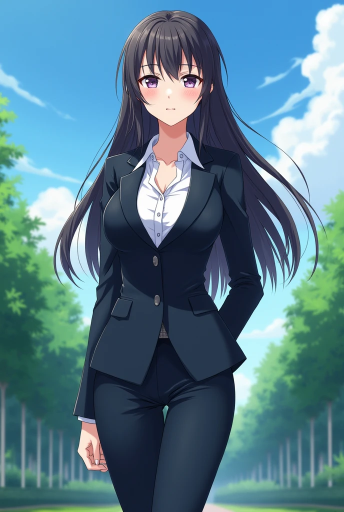 masterpiece, best quality, high quality, beautiful anime character, mature women in manager uniform, long hair, sharp eyes, standing pose, outdoor, anime