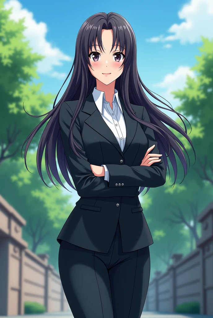 masterpiece, best quality, high quality, beautiful anime character, mature women in manager uniform, long hair, sharp eyes, standing pose, outdoor, anime