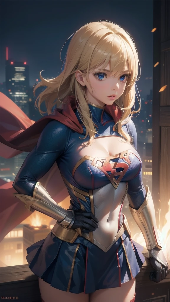 female, solo, ambient lighting, supergirl, cape, gauntlets, muscular, large breasts, lips