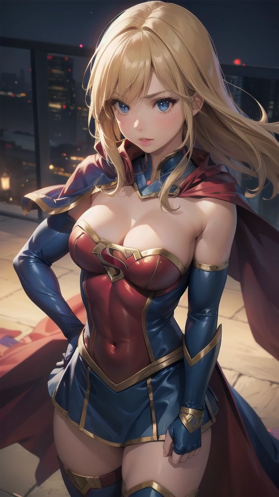 female, solo, ambient lighting, supergirl, cape, gauntlets, muscular, large breasts, lips