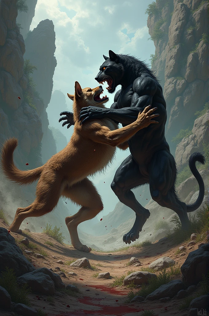 Two werewolwes.  gray fur, black fur around his eyes. Lying down. Seductive look.  Confident smile. Desert night background. By Taran Fiddler . Big muscles. Awesome. Totally nude. Big black penis and testicles. Sweathy. Scars in the back. Wet penis and balls. .  He places his pelvis on the butt of another werewolf With big muscles. 4k resolution.