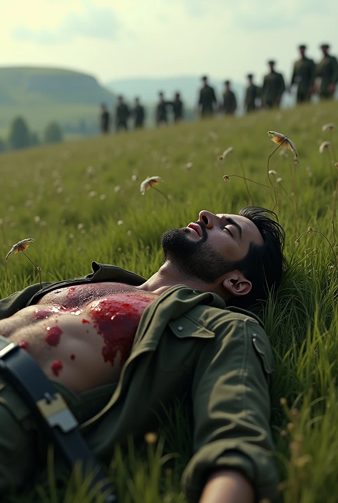 A view of upward of an wounded bloody soldier lying on grass. He's shot in his chest and his eyes are shut 
The atmosphere around him is pleasant and beautiful, some soldiers are standing far away on a hill