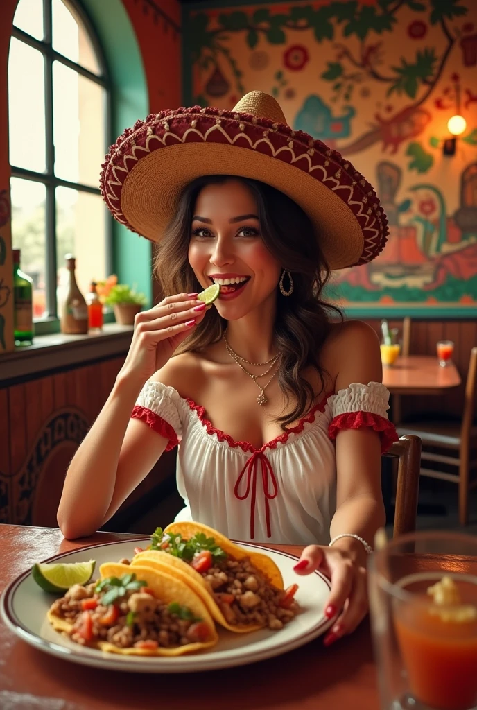 A woman dressed in white and red with a Mexican hat eating tacos in a restaurant in Mexico