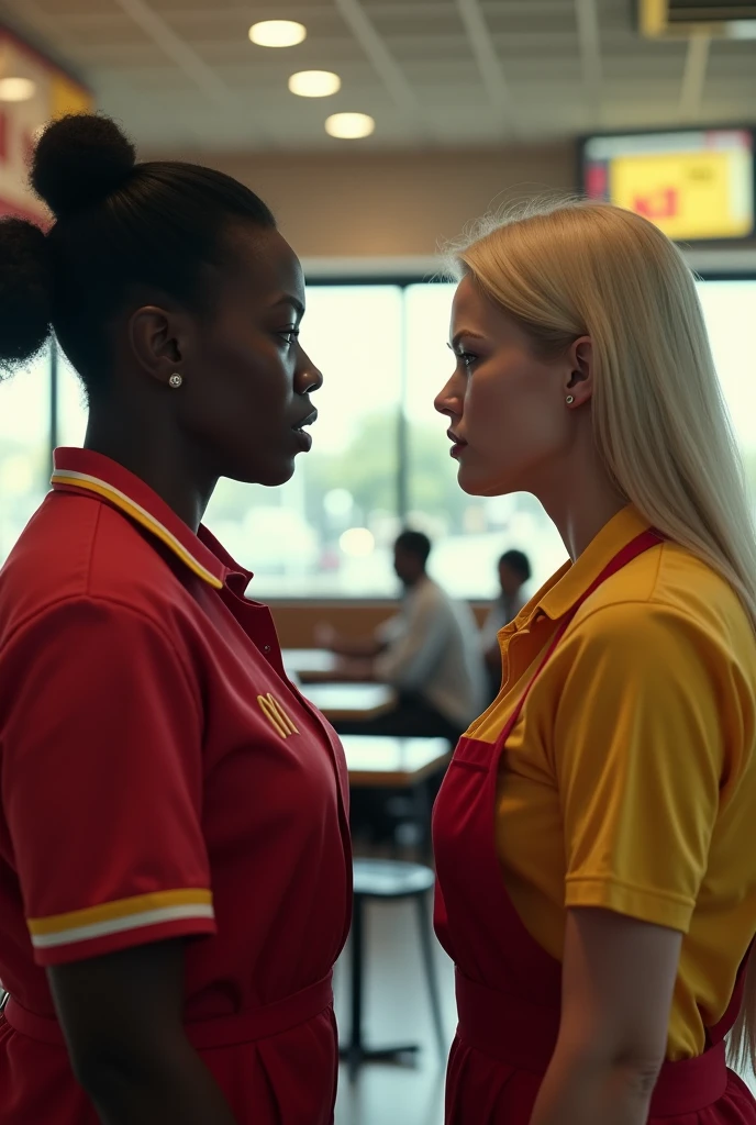 (photorealism:1.2), 16:9 image, scene: inside a McDonald's restaurant, two women face off in a tense confrontation. The image is split into two scenes. Left Side: A dark-skinned McDonald's employee, dressed in a red uniform with a yellow collar, stands facing a white woman in a green shirt. The employee's posture is tense, while the woman, with light-colored hair, smiles calmly, seemingly unfazed. Right Side: The confrontation escalates. The white woman, now mid-action, punches the McDonald's employee in the face. The impact is clear as the employee recoils in pain. The fast-food restaurant's interior is visible in the background, with diners and typical McDonald's furniture like tables and chairs, adding to the realism of the scene. The overall mood is tense and dramatic, capturing a shocking moment of conflict in what appears to be a candid photograph.