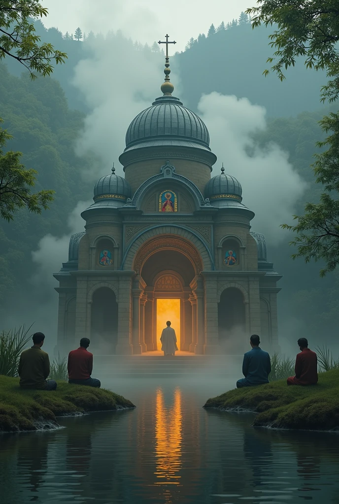 an Ethiopian church, surrounding water, prayers surrounding the church, smoke come from the church towards the people