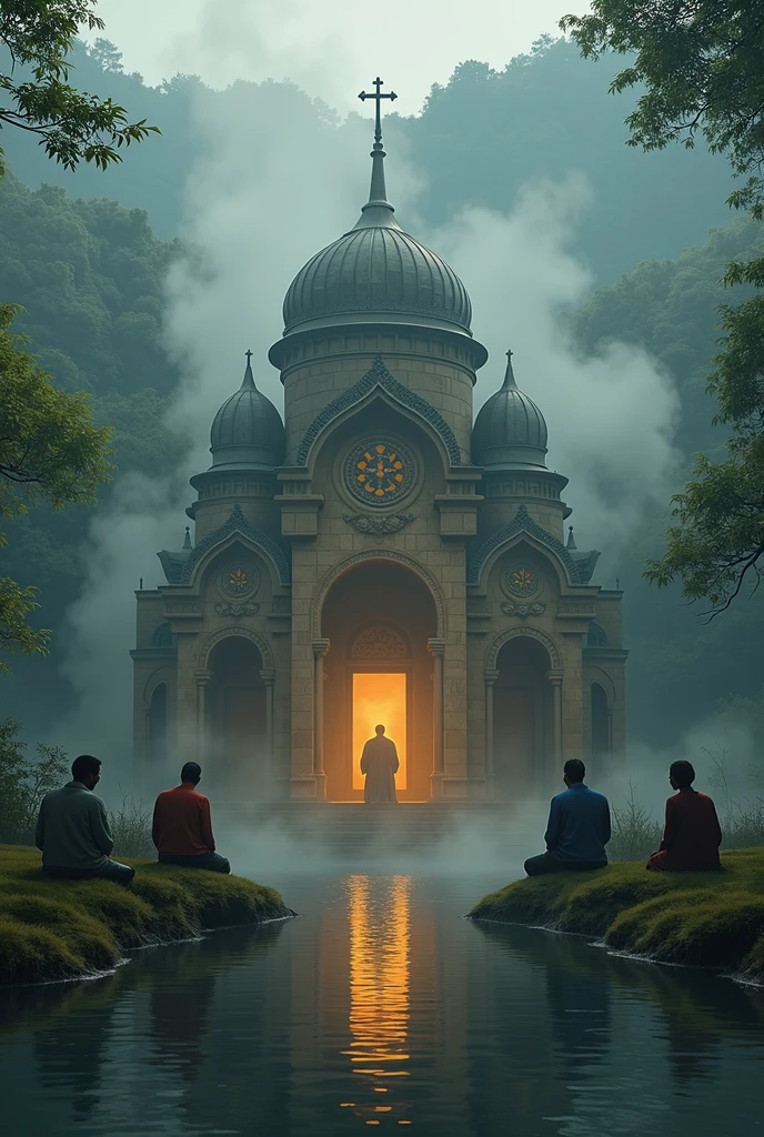 an Ethiopian church, surrounding water, prayers surrounding the church, smoke come from the church towards the people