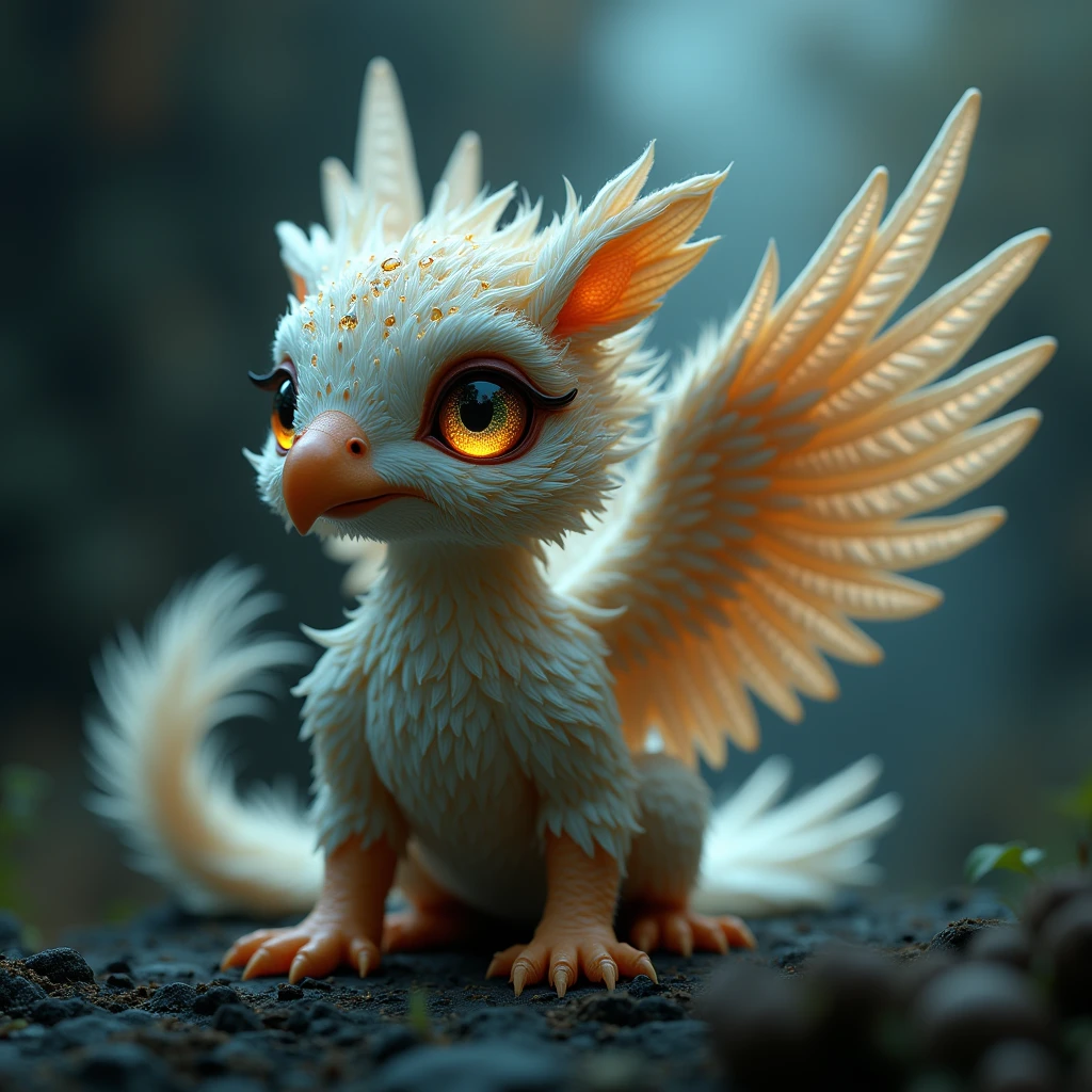 Griffin baby, detailed and intricate patterns, surreal, (highest quality, 4k, 8k, high resolution, masterpiece:1.2), ultra detailed, (realistic, photorealistic, photorealistic:1.37), fantasy, mystical, magical, dramatic lighting, dramatic shadows, detailed hawk-like face, glowing eyes, fine feathers, ornate, decorative, intricate, intricate design, intricate patterns, gorgeous details, whimsical, imaginative, ethereal, otherworldly, cinematic, atmospheric, dramatic