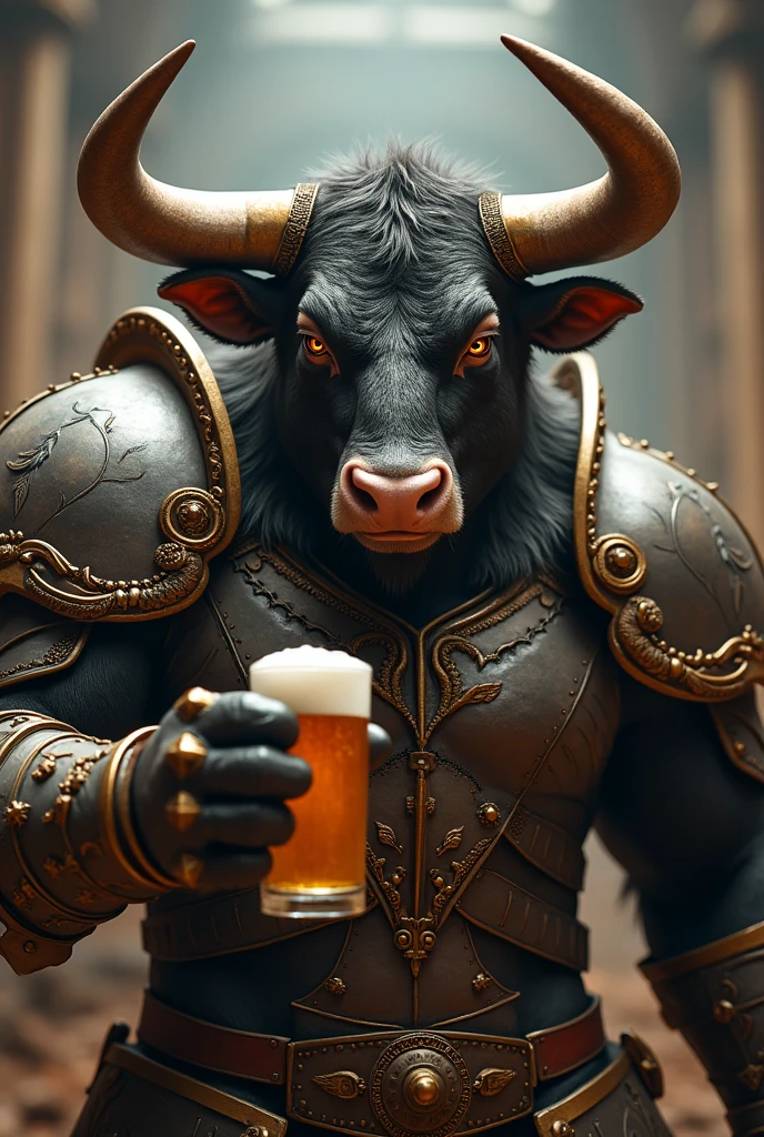 Bull in full armor, holding a beer, anthropomorphic, super detail, ultra hd, 8k, real life, maximum facial detail, cinematic lighting