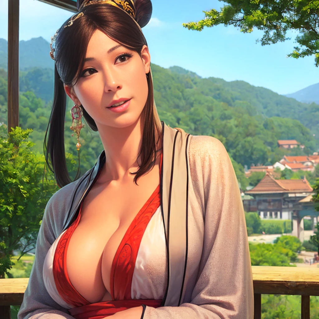 A beautiful girl ,Put on gorgeous Hanfu, Chinese Architecture, Landscape realistic skin, Realistic body, intricate details)cleavage