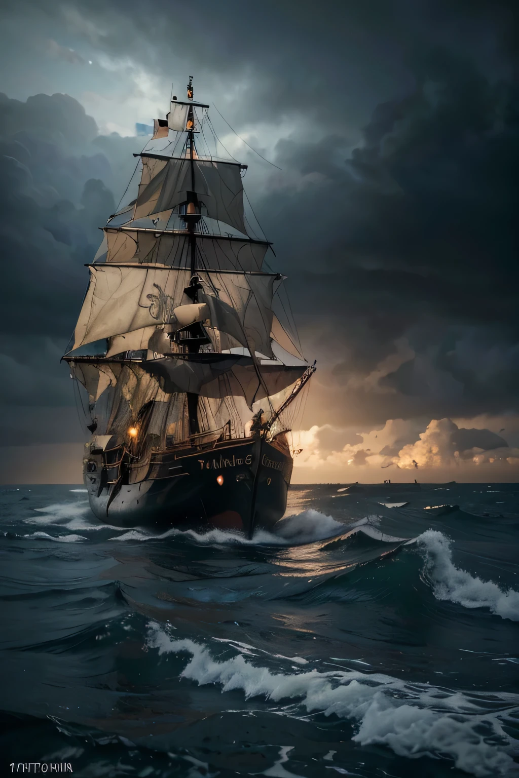 (best quality,4k,8k,highres,masterpiece:1.2),ultra-detailed,(realistic,photorealistic,photo-realistic:1.37),war galleon, pirate ship, stormy sea, crashing waves, dark clouds, cannon fire, tattered sails, wooden hull, weathered planks, iron fittings, crew members battling, swashbuckling, epic battle, dramatic lighting, moody color palette, cinematic composition