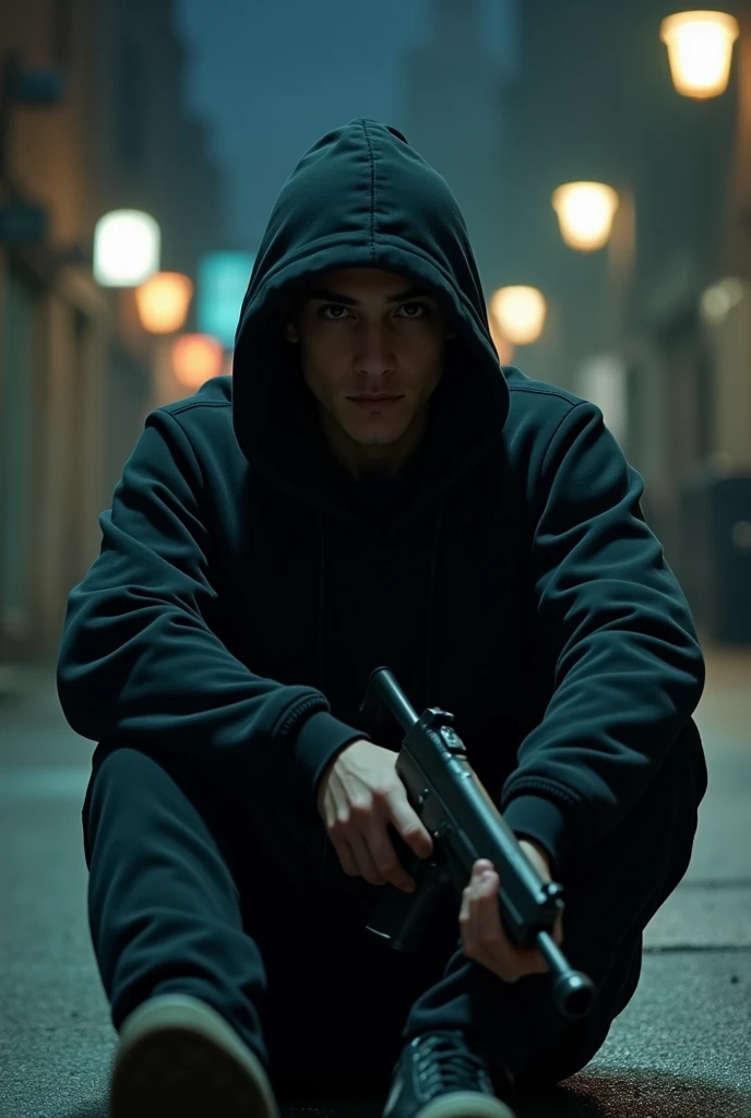 20 years old, HAVE A BLACK SWEET ON HIM, HAVE A BLACK TRACKSUIT, HAVE A HOOD ON HIS HEAD, HAVE SITTING ON THE SIDEWALK, HAVE A REAL GUN IN HIS HAND, HAVE THE GUN RIGHT, AND LET IT BE NIGHT