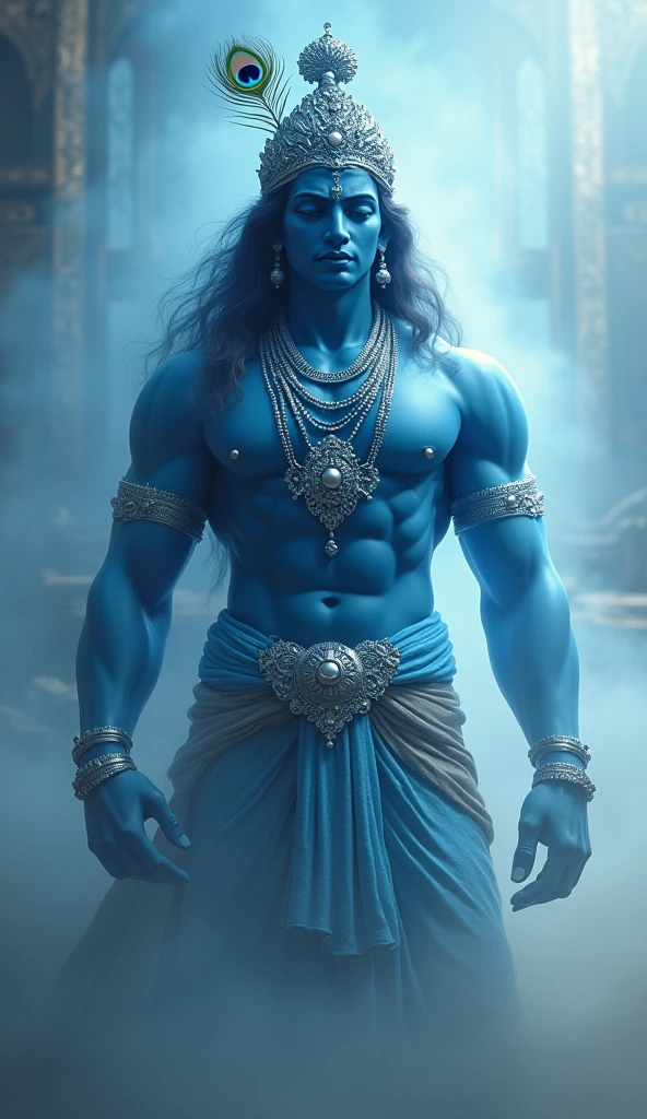 Lord Krishan,full dodyash blue, silver tiara crown with a single peacock feather, in dust