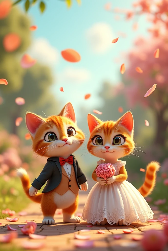 in cinematic 3d cartoon style" A whimsical cat wedding scene at a lively outdoor setting.