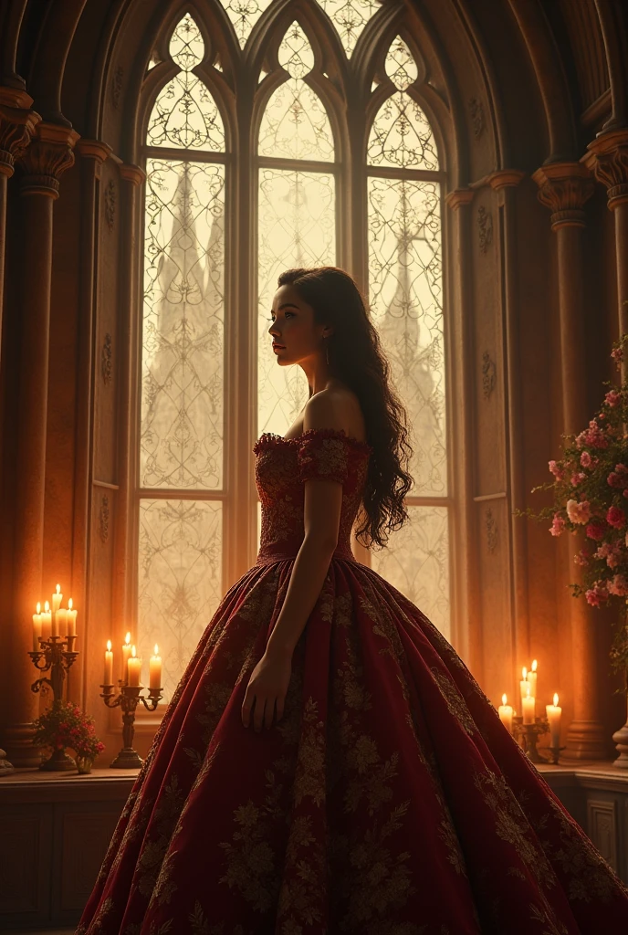 Art of classic vignettes of Lady ornate lady painting by Erte::3 gothic castle, movie setting, beauty and the beast, candle lighting, gothic window with backlighting. very ornate, late gothic style --stylize 999 --v 6.0 --c 33 --iw 1.4 --ar 10:17