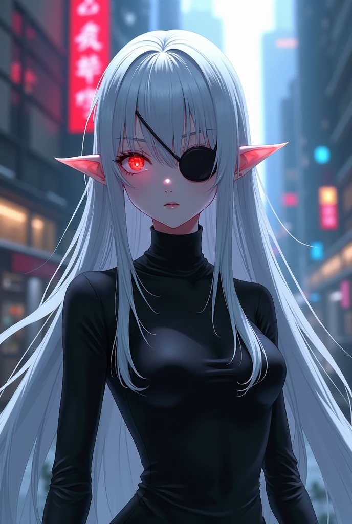 1girl, (standing alone), anime with long white hair and red eyes, girl with white hair, Girl on white turtle neck, ((eye patche)), pointed ears, ((vampyre)), ssmile, Smug, cloused mouth, cowboy shot, perfect white hair, white haired deity, digital cyberpunk anime art, turtleneck, Lens flare, ((dramatic lighting)), soft, glowing red eyes, extremely detaild, master part, Looking at Viewer, city in background, (natta)