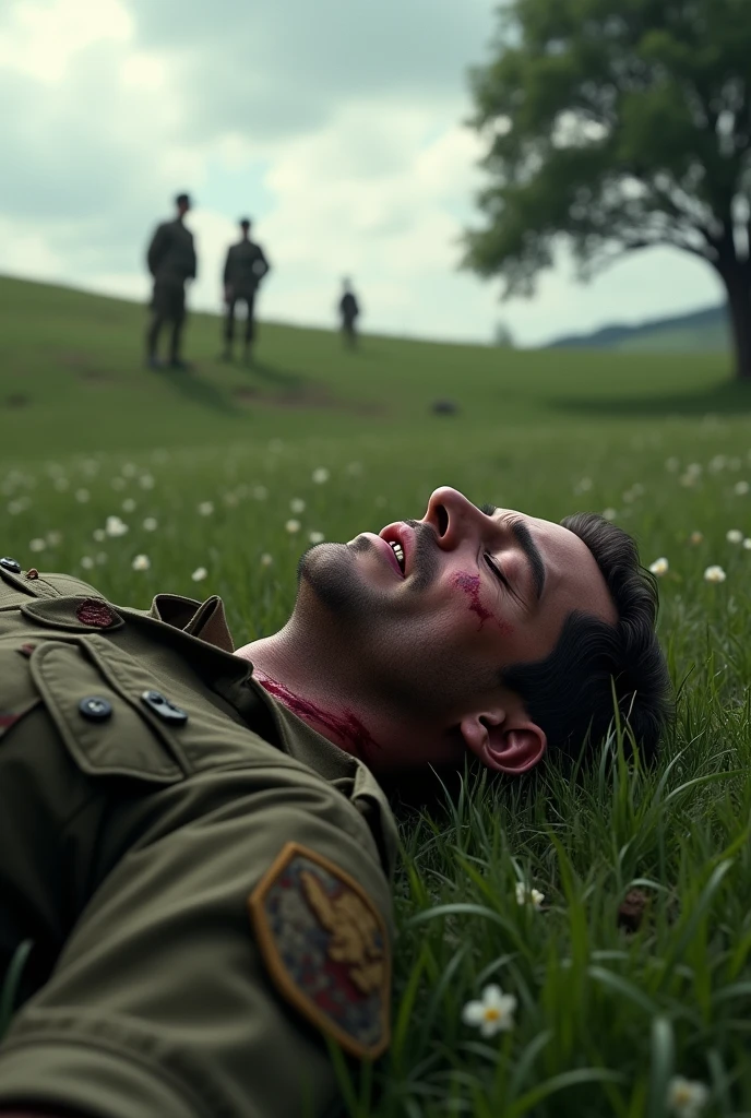 A view of upward of an wounded bloody soldier lying on grass. He's shot in his chest and his eyes are shut 
The atmosphere around him is pleasant and beautiful, some soldiers are standing far away on a hill looking out for any danger