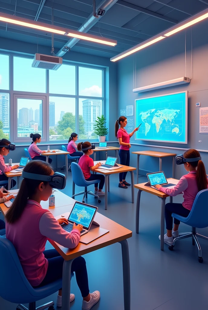 Picture a classroom with a smartboard for interactive lessons, students using tablets or laptops, flexible areas for different activities, and a VR corner for immersive learning. The teacher’s desk features a computer to track progress and give personalized feedback. This setup blends technology with traditional teaching to boost engagement and effectiveness.