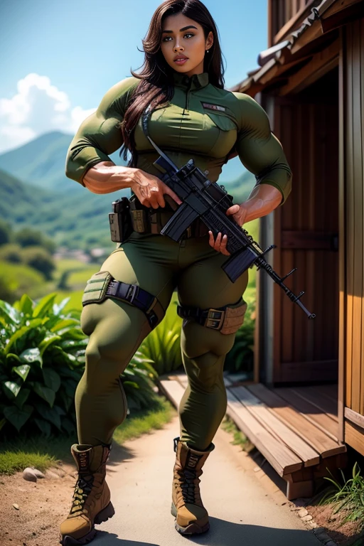 Photorealistic, high resolution, 1 malay woman wearing a green beret, Solo, Hips up, Battlefield background,view the viewer, (Detailed face), braided hair, wearing a green beret and a special team logo, SWAT vests, airborne logo on the chest, sniper rifle handle, camouflage combat suit, Camoflage military uniform, SWAT Boots, bulletproof vest, Holding an assault rifle, M16, Inside the jungle of Royal Belum, Very detailed, Perfect face, Black eye, jewelry, (full body view), Lifelike, masterpiece, HDR, 4K