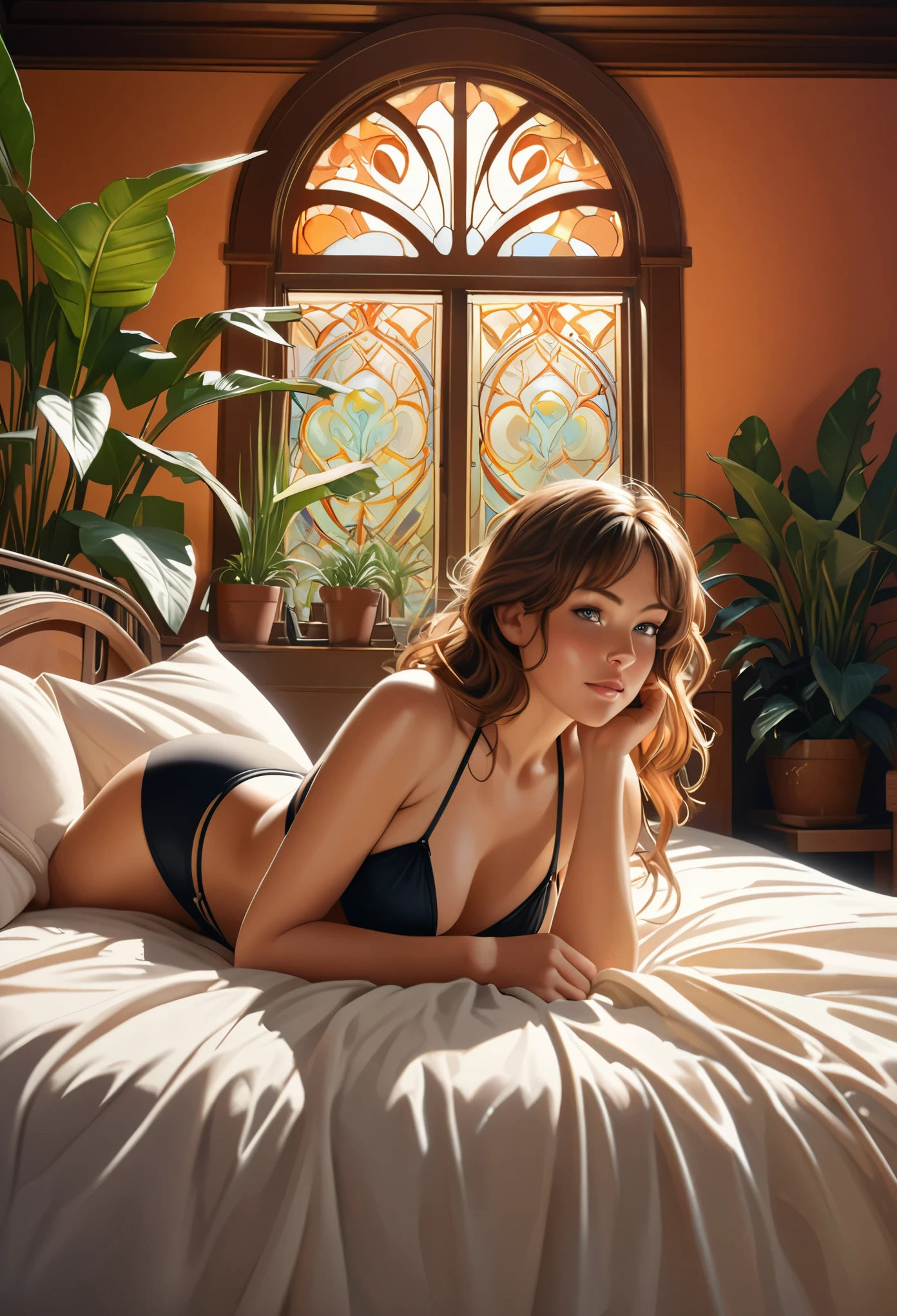 (Photorealism:1.2), Beautiful woman, Lying in bed, Wearing a black bikini, Brown Hair, indoor, Soft lighting, Background plants, Window with sunlight, Cozy rooms, Hot Pose, Realistic, Intricate details, Warm colors, Greg Rutkowski, Alphonse Mucha