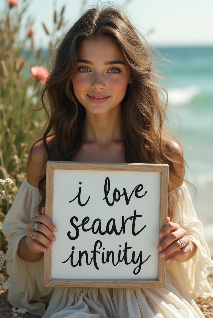 Beautiful girl with wavy long hair, bohemian dress, holding a white board with text "I Love Seaart Infinity" and showing it to the viewer