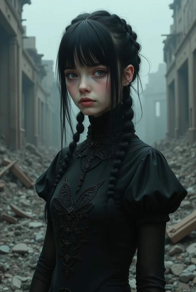 of , caucasiano, he would be, braided hair with bangs, Bblack hair, grey-eyed, detailed black dress, isolated and destroyed city, drawning.