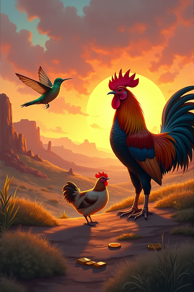 Create an image of a sunset in the backlands,hummingbird, rooster and hen, an ounce
