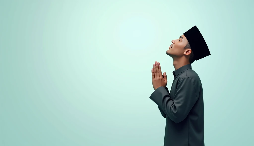 (photorealism:1.2), The design is simple, aesthetic, and easy to understand.Soothing gradient colored background, light blue to white transition.
i a Muslim man wearing a traditional Indonesian black cap who is praying Make sure he is at the left end of the frame,The overall layout is clean and visually appealing, making it easier for viewers to understand the video message at a glance.