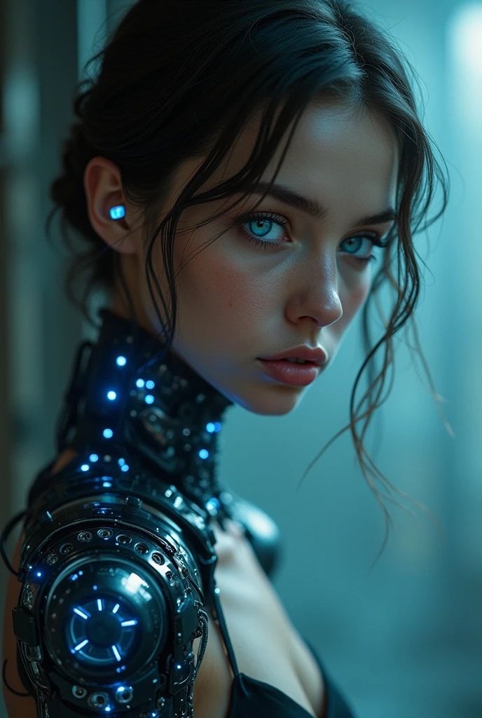 A detailed cyberpunk portrait of a young woman with striking blue eyes, delicate features, and an intricate cybernetic arm, realistic, cinematic lighting, muted color palette, ultra-detailed, 8k, (best quality,4k,8k,highres,masterpiece:1.2),ultra-detailed,(realistic,photorealistic,photo-realistic:1.37),chiaroscuro lighting,intricate cybernetic implants,dramatic shadows,highly detailed skin,glowing blue circuitry,moody atmosphere,cinematic composition